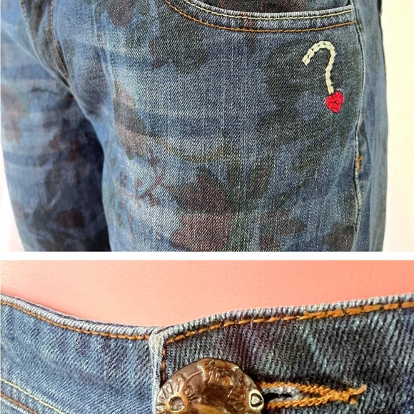 DESIGUAL BLUE JEANS FLORAL RED FLOWERS PRINTS ON DENIM BOHO THE WOW 2ND FIT 32 - Picture 3 of 3